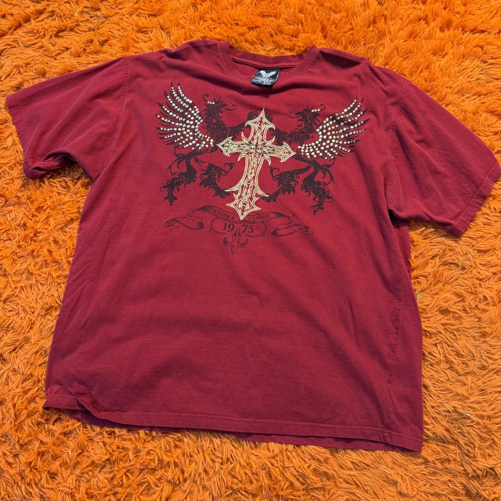 Avirex Classics 1975 Red Graphic T-Shirt XXL Winged Cross Studded Y2K Streetwear